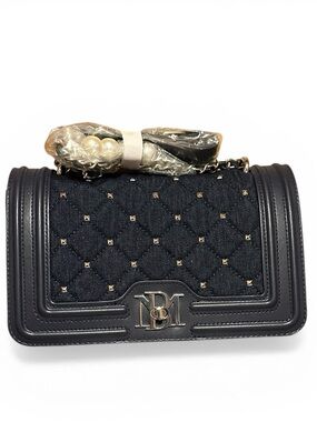 New Badgley Mischka Denim Diamond Quilted Crossbody W/ White Pearls